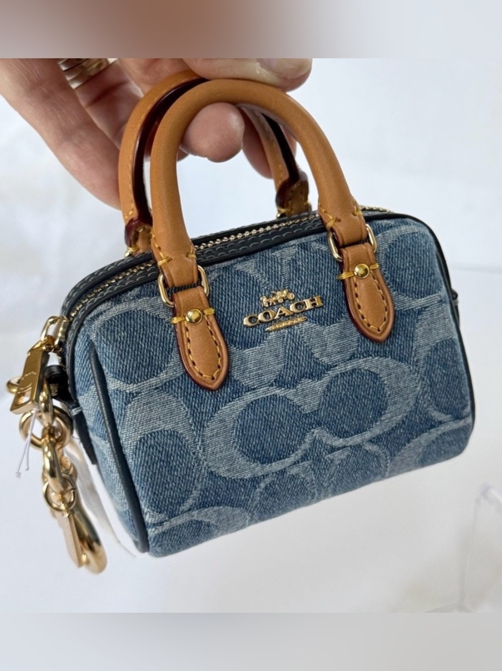 🩵NWT Coach Signature Denim Blue Mini Rowan Bag Charm Key Chain Coin Purse🩵